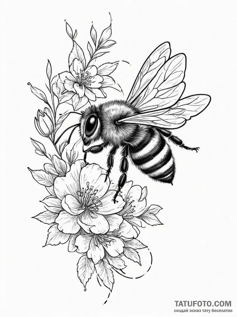 Tattoo sketch a delicate bee buzzing around a... - эскиз тату (№1755449010_0, 17.08.2025 16:43) — Tatufoto.com