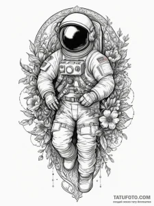 Astronaut holding a bouquet of flowers, tatto... - эскиз тату (№1755456102_0, 17.08.2025 18:41) — Tatufoto.com