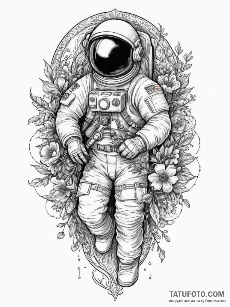 Astronaut holding a bouquet of flowers, tatto... - эскиз тату (№1755456102_0, 17.08.2025 18:41) — Tatufoto.com