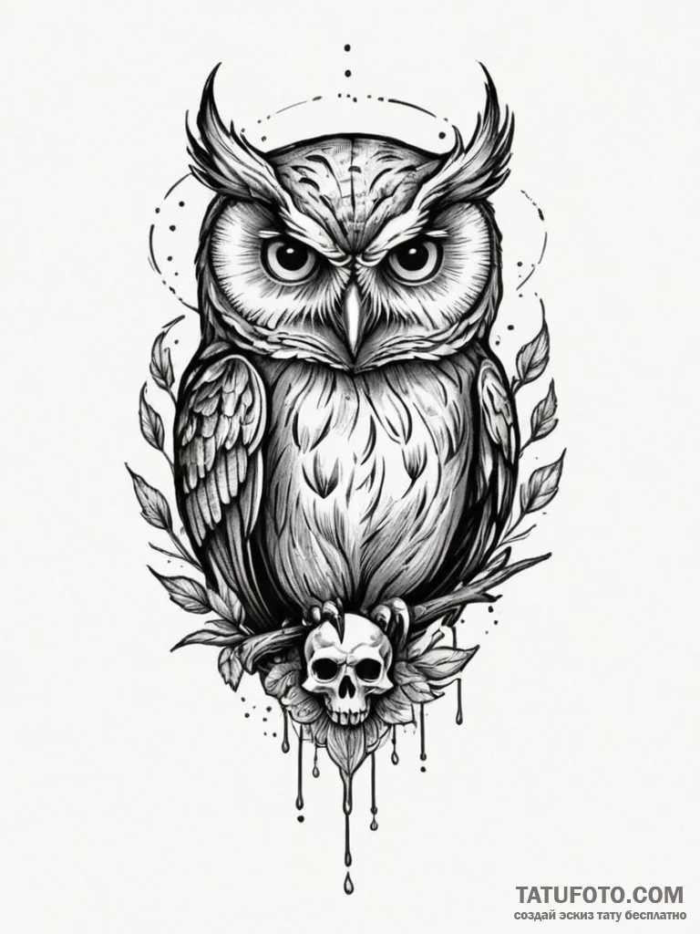 Owl with skull, tattoo sketch design, sepia t... - эскиз тату (№1755456707_0, 17.08.2025 18:51) — Tatufoto.com