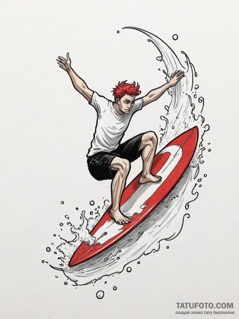 A person learning to surf, falling off the bo... - эскиз тату (№1755458328_0, 17.08.2025 19:18) — Tatufoto.com