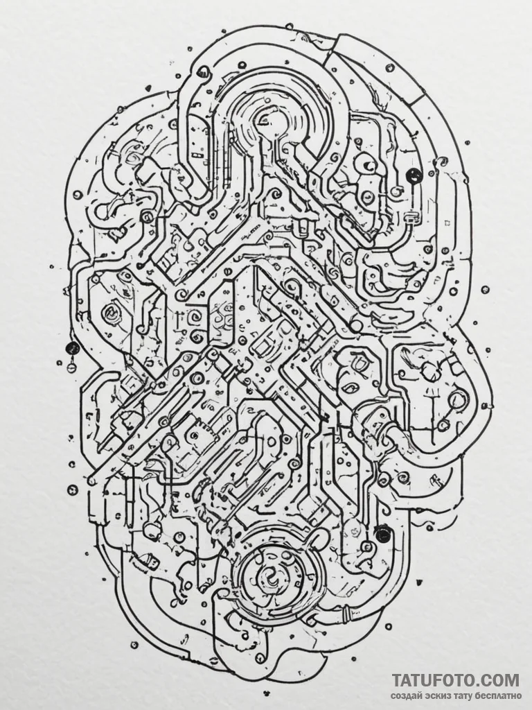 A close-up of a circuit board, showing the in... - эскиз тату (№1755458731_0, 17.08.2025 19:25) — Tatufoto.com