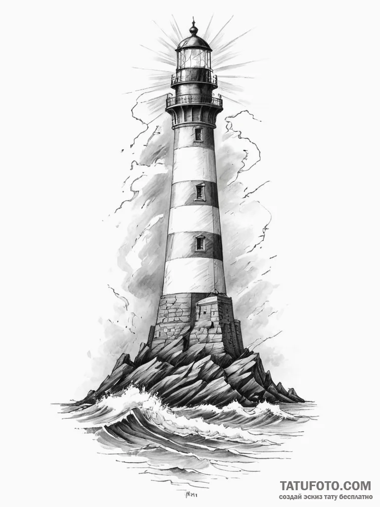 Tattoo sketch a lighthouse standing strong ag... - эскиз тату (№1755461561_0, 17.08.2025 20:12) — Tatufoto.com