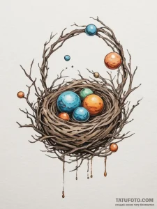 A bird's nest holding planets instead of eggs... - эскиз тату (№1755464737_0, 17.08.2025 21:05) — Tatufoto.com