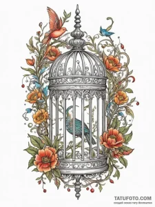 Tattoo design a small, ornate birdcage with i... - эскиз тату (№1755465914_0, 17.08.2025 21:25) — Tatufoto.com