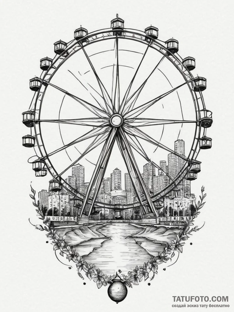 Ferris wheel, tattoo line art, black and grey... - эскиз тату (№1755466306_0, 17.08.2025 21:31) — Tatufoto.com