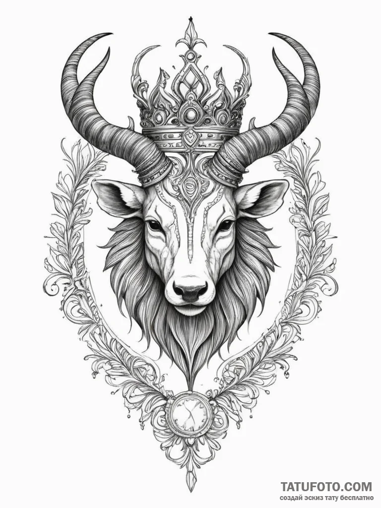 Tattoo sketch a zodiac animal head with a cla... - эскиз тату (№1755469049_0, 17.08.2025 22:17) — Tatufoto.com