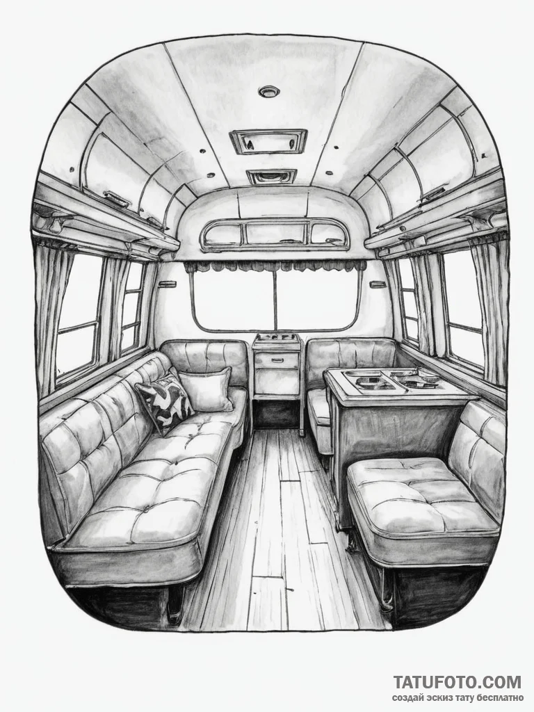 The interior of a classic airstream trailer,... - эскиз тату (№1755482170_0, 18.08.2025 01:56) — Tatufoto.com