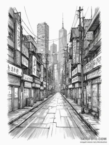 The neon-lit, cyberpunk-esque streets of a fu... - эскиз тату (№1755483770_0, 18.08.2025 02:22) — Tatufoto.com