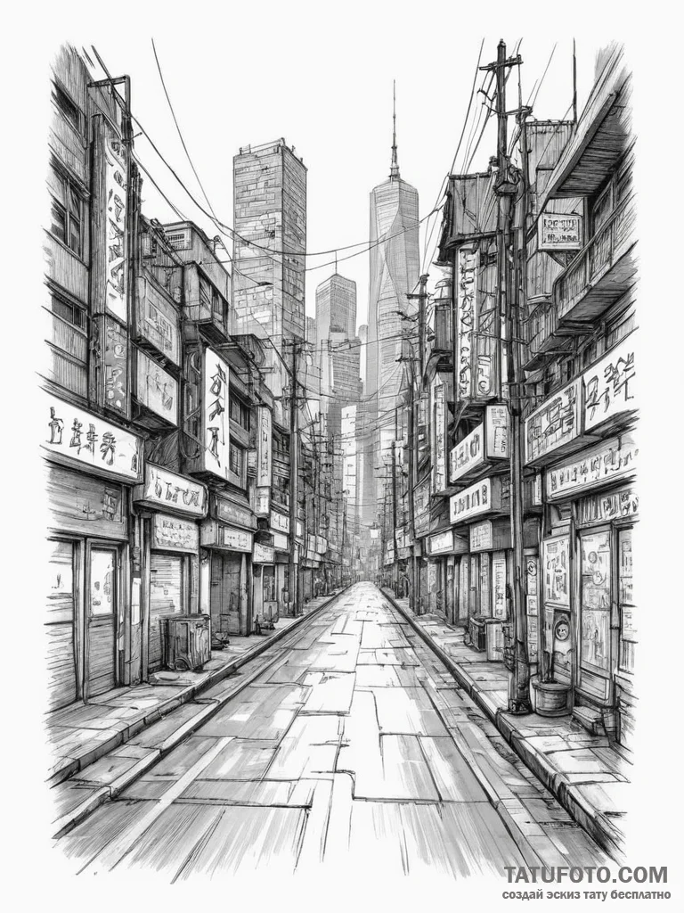 The neon-lit, cyberpunk-esque streets of a fu... - эскиз тату (№1755483770_0, 18.08.2025 02:22) — Tatufoto.com