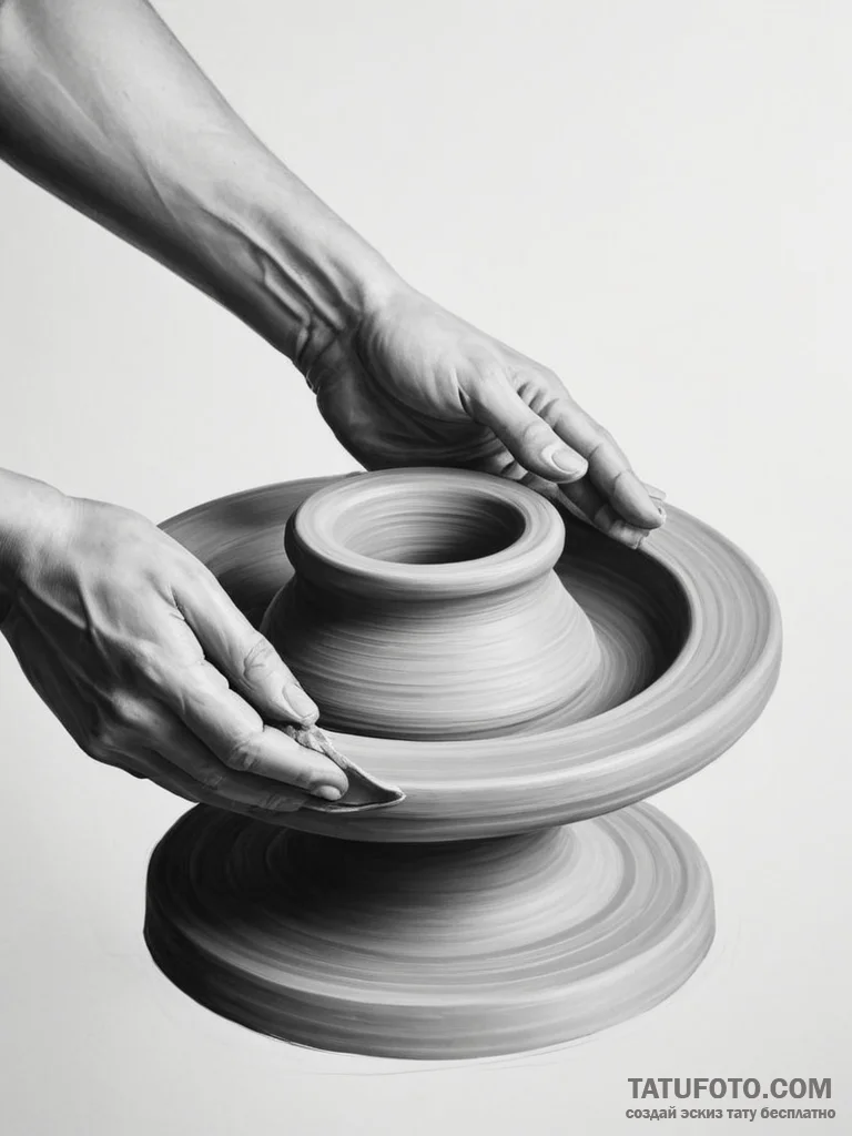 A pottery wheel in motion, clay being shaped... - эскиз тату (№1755487361_0, 18.08.2025 03:22) — Tatufoto.com