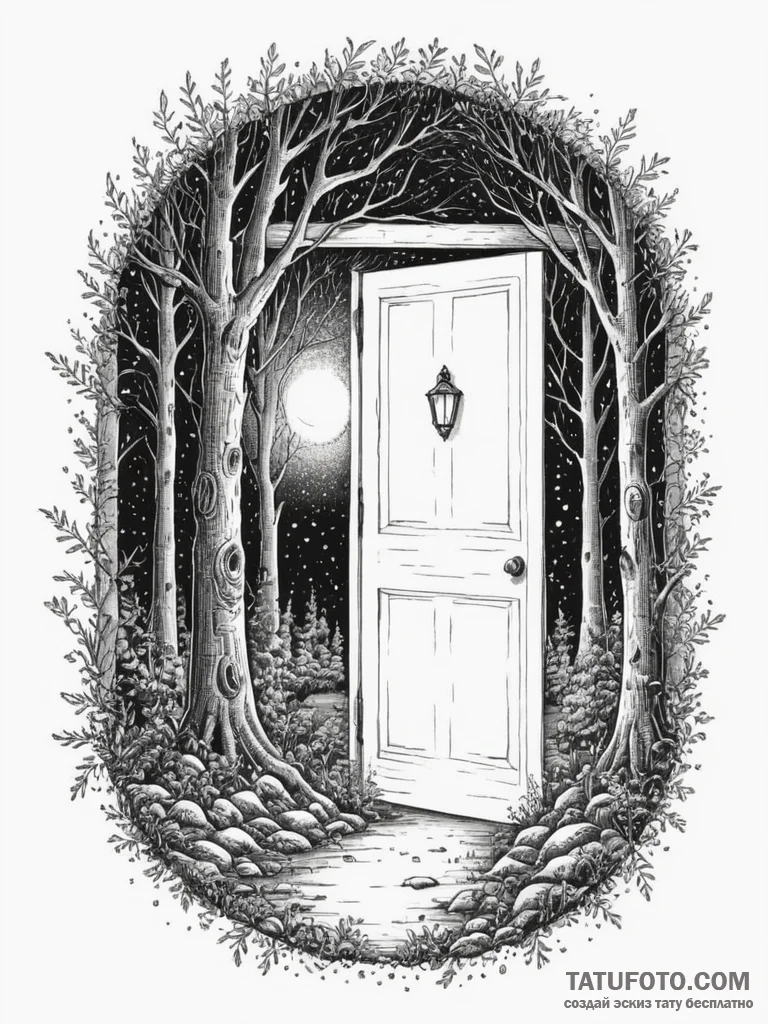 An open door in the middle of a forest leadin... - эскиз тату (№1755487966_0, 18.08.2025 03:32) — Tatufoto.com