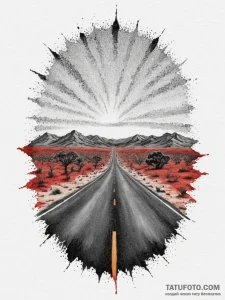 A shot of a long, straight, empty road in the... - эскиз тату (№1755490170_0, 18.08.2025 04:09) — Tatufoto.com