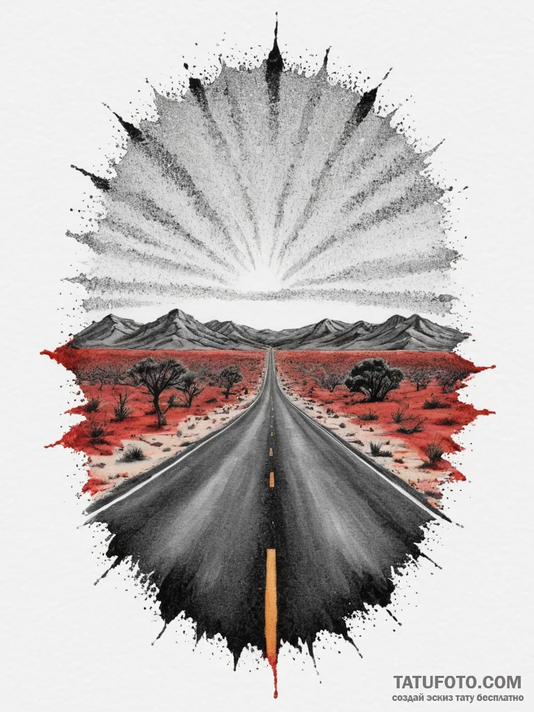 A shot of a long, straight, empty road in the... - эскиз тату (№1755490170_0, 18.08.2025 04:09) — Tatufoto.com