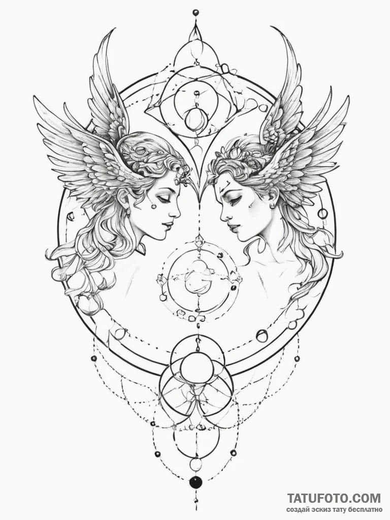 Tattoo sketch gemini twins, one with mercury'... - эскиз тату (№1755491578_0, 18.08.2025 04:32) — Tatufoto.com
