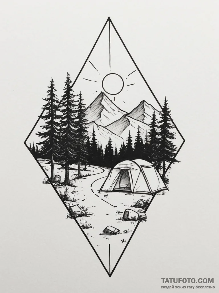 Tattoo design a small, minimalist camping sce... - эскиз тату (№1755491974_0, 18.08.2025 04:39) — Tatufoto.com