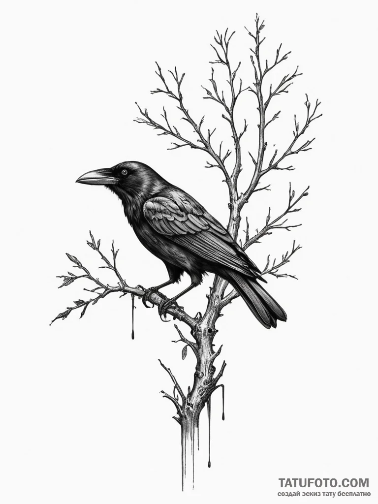 Tattoo sketch: a stylized crow or raven perch... - эскиз тату (№1755494370_0, 18.08.2025 05:19) — Tatufoto.com