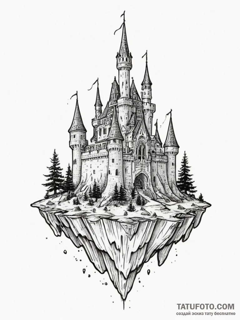 Floating castle, ink illustration for tattoo,... - эскиз тату (№1755540258_0, 18.08.2025 18:04) — Tatufoto.com