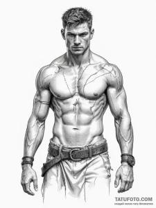 Tattoo sketch a warrior's bare chest with bat... - эскиз тату (№1755545671_0, 18.08.2025 19:34) — Tatufoto.com