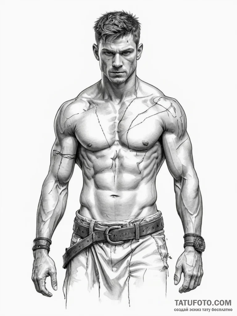 Tattoo sketch a warrior's bare chest with bat... - эскиз тату (№1755545671_0, 18.08.2025 19:34) — Tatufoto.com