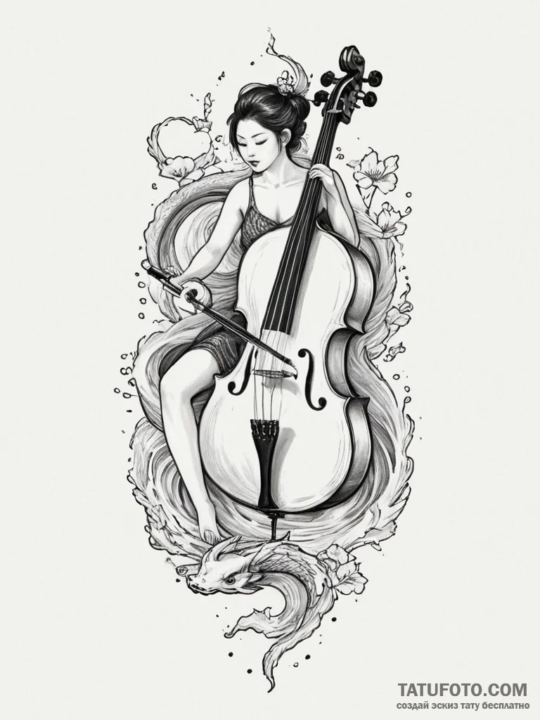 A person playing a cello with intense emotion... - эскиз тату (№1755549024_0, 18.08.2025 20:30) — Tatufoto.com