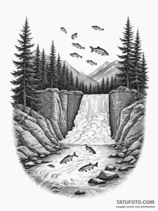 A shot of a salmon ladder at a dam, with fish... - эскиз тату (№1755549224_0, 18.08.2025 20:33) — Tatufoto.com
