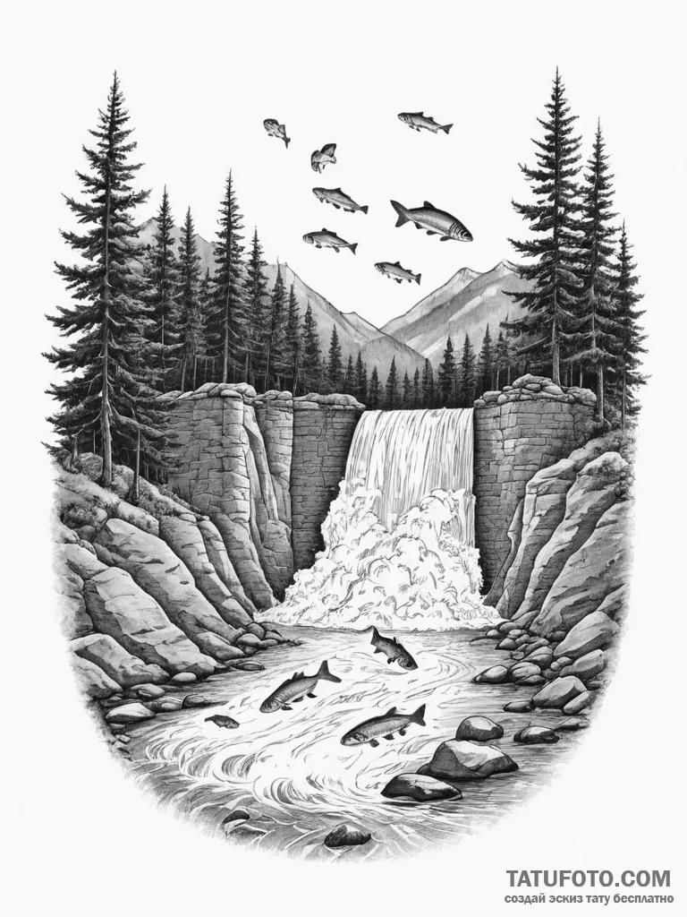 A shot of a salmon ladder at a dam, with fish... - эскиз тату (№1755549224_0, 18.08.2025 20:33) — Tatufoto.com
