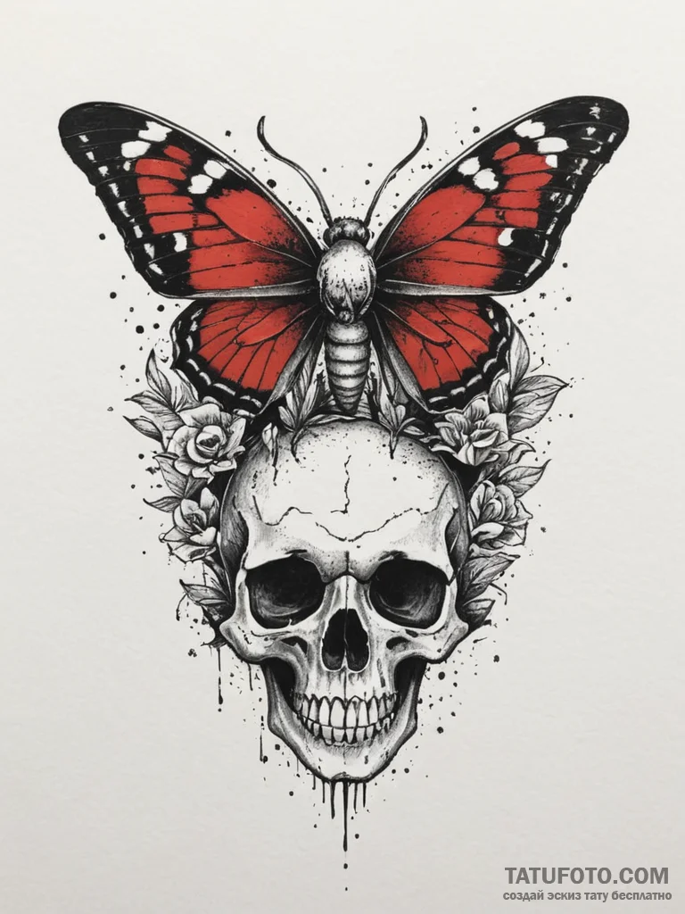 A moth on a skull, tattoo flash sheet design,... - эскиз тату (№1755549422_0, 18.08.2025 20:37) — Tatufoto.com