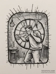 A person playing darts in a dimly lit pub., i… — эскиз тату (№1755552398_0, 18.08.2025 21:26) — Tatufoto.com