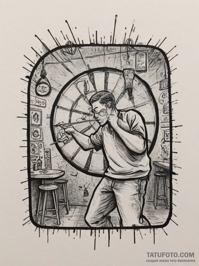 A person playing darts in a dimly lit pub., i... - эскиз тату (№1755552398_0, 18.08.2025 21:26) — Tatufoto.com