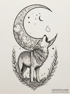 Tattoo sketch: a stylized wolf howling at a l... - эскиз тату (№1755555594_0, 18.08.2025 22:19) — Tatufoto.com