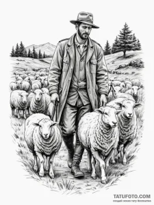 A shot of a shepherd guiding a flock of sheep... - эскиз тату (№1755555791_0, 18.08.2025 22:23) — Tatufoto.com