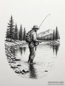 A shot of a fly fisherman casting a line in a... - эскиз тату (№1755558196_0, 18.08.2025 23:03) — Tatufoto.com