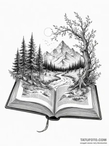 An open book with a fantasy world growing out... - эскиз тату (№1755560384_0, 18.08.2025 23:39) — Tatufoto.com