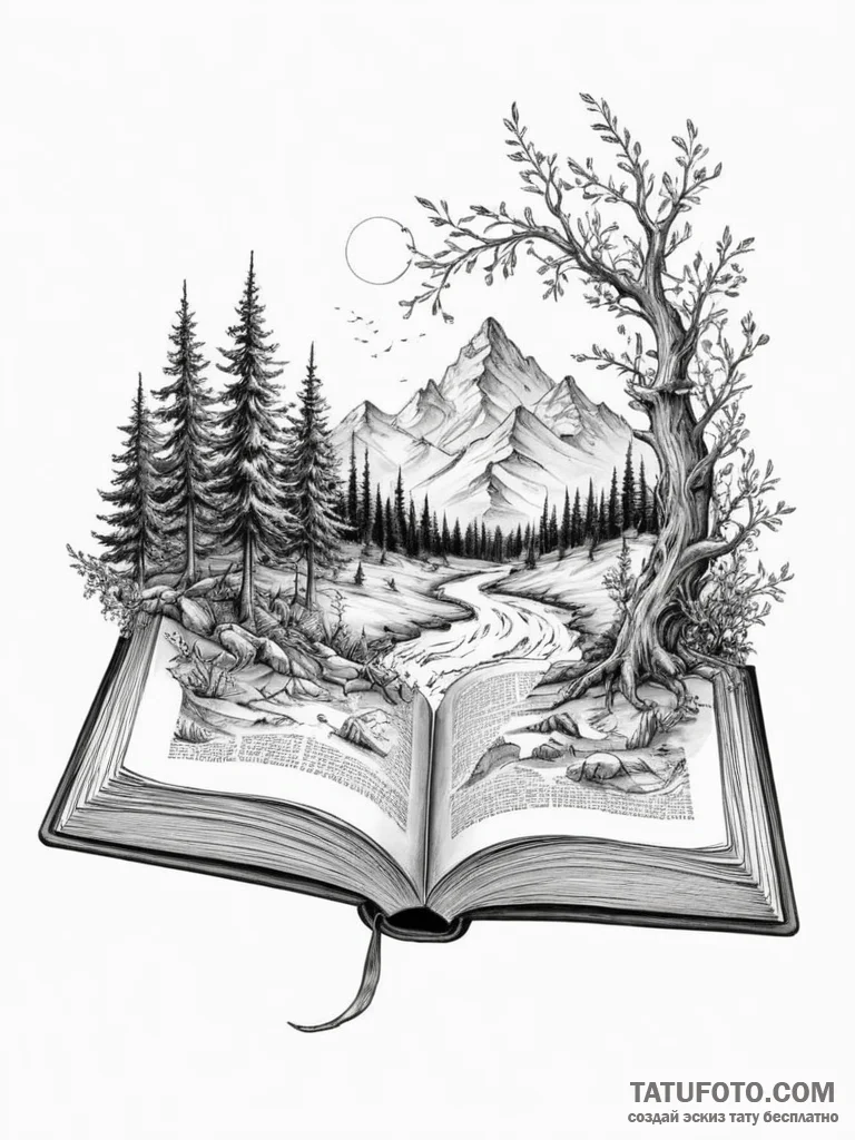 An open book with a fantasy world growing out... - эскиз тату (№1755560384_0, 18.08.2025 23:39) — Tatufoto.com