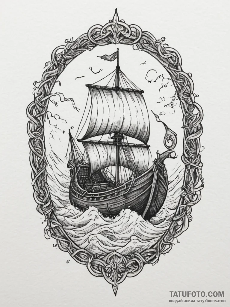 Viking longship in a storm, tattoo drawing ou... - эскиз тату (№1755561588_0, 18.08.2025 23:59) — Tatufoto.com