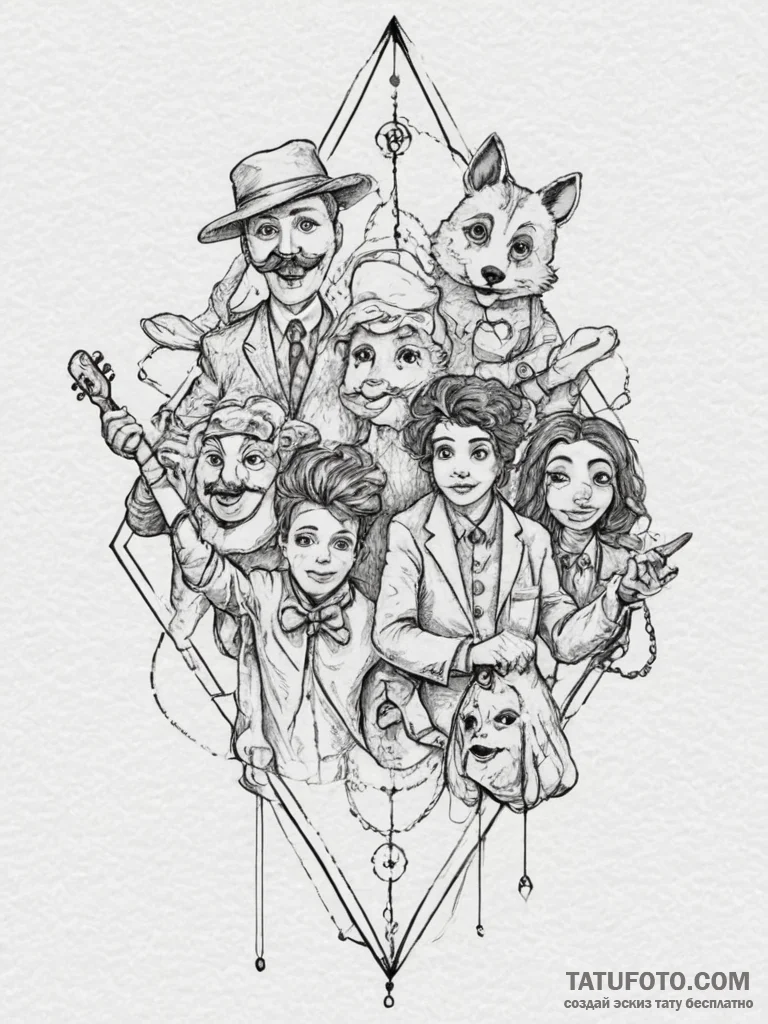 Strings with puppets, artistic tattoo sketch,... - эскиз тату (№1755561981_0, 19.08.2025 00:06) — Tatufoto.com