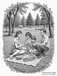 A grainy, faded color photo of a family havin... - эскиз тату (№1755562601_0, 19.08.2025 00:16) — Tatufoto.com