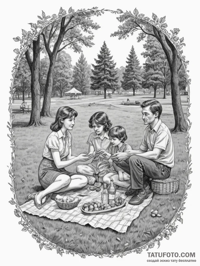 A grainy, faded color photo of a family havin... - эскиз тату (№1755562601_0, 19.08.2025 00:16) — Tatufoto.com