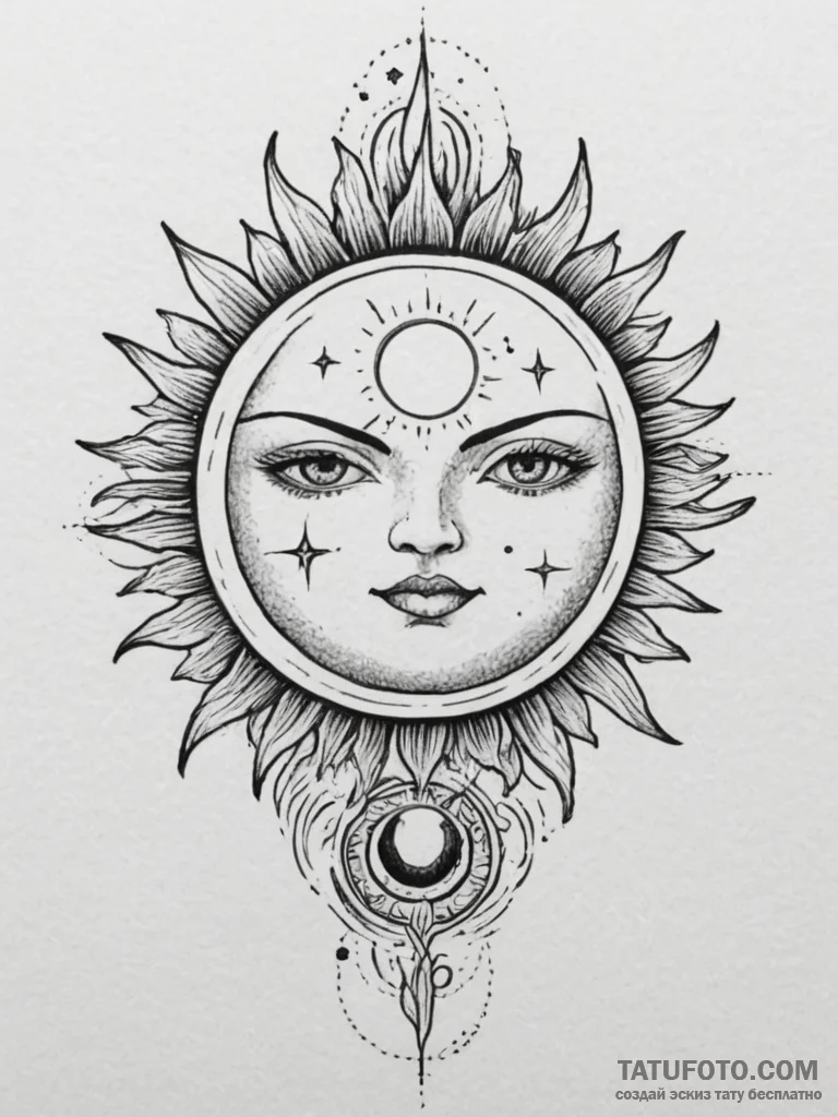 Tattoo sketch a moon and a sun, each on a sep... - эскиз тату (№1755562798_0, 19.08.2025 00:19) — Tatufoto.com
