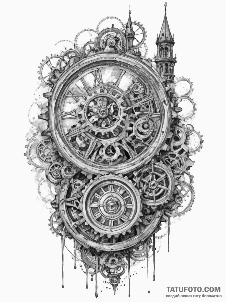 The inside of a clock tower, showing the mass... - эскиз тату (№1755564602_0, 19.08.2025 00:50) — Tatufoto.com