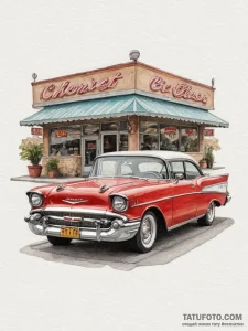 A classic, cherry red 1957 chevrolet bel air... - эскиз тату (№1755572584_0, 19.08.2025 03:03) — Tatufoto.com