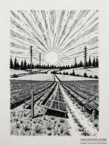 A shot of a solar panel farm stretching to th... - эскиз тату (№1755574382_0, 19.08.2025 03:33) — Tatufoto.com