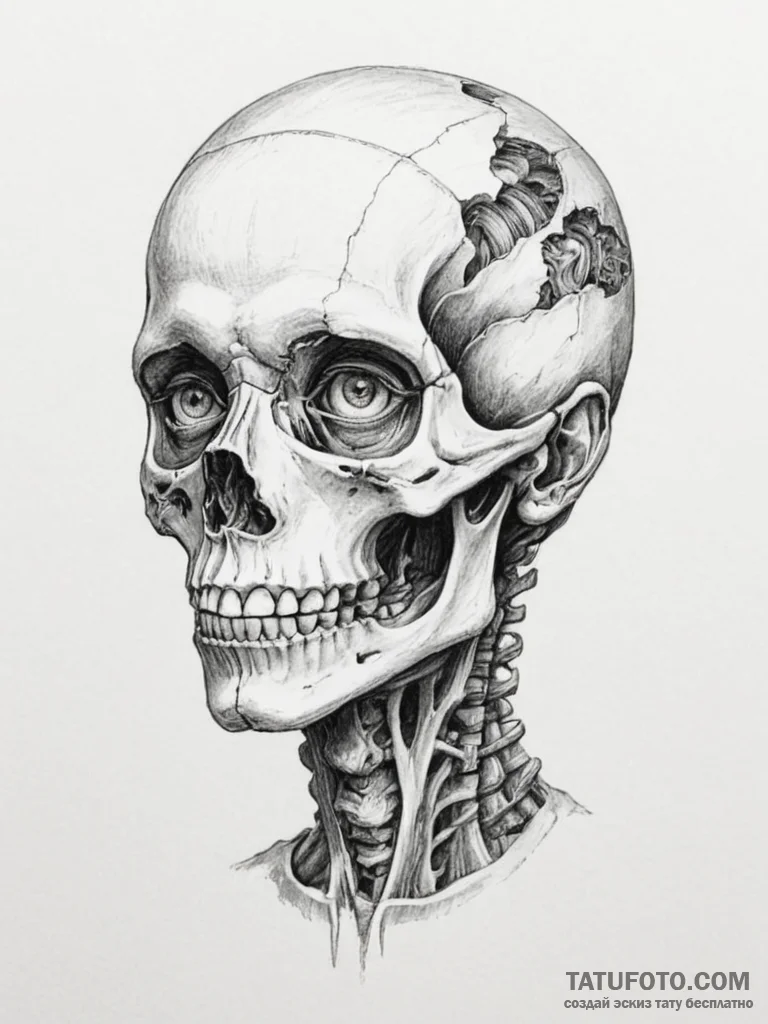 A half-human, half-skeleton face - эскиз тату (№1755575990_0, 19.08.2025 03:59) — Tatufoto.com