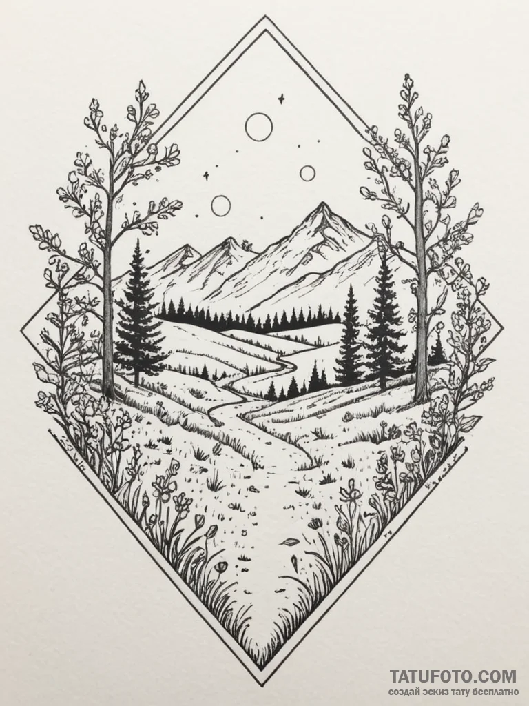 Tattoo design: a landscape of a serene meadow... - эскиз тату (№1755582881_0, 19.08.2025 05:54) — Tatufoto.com