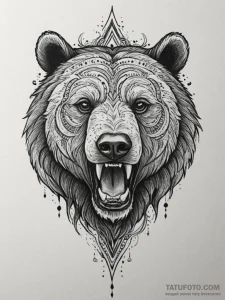 Tattoo sketch a bear's head roaring, with tri... - эскиз тату (№1755584464_0, 19.08.2025 06:21) — Tatufoto.com