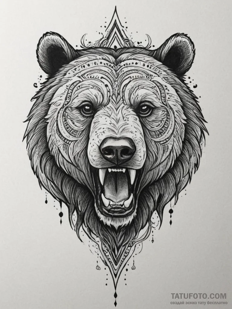 Tattoo sketch a bear's head roaring, with tri... - эскиз тату (№1755584464_0, 19.08.2025 06:21) — Tatufoto.com