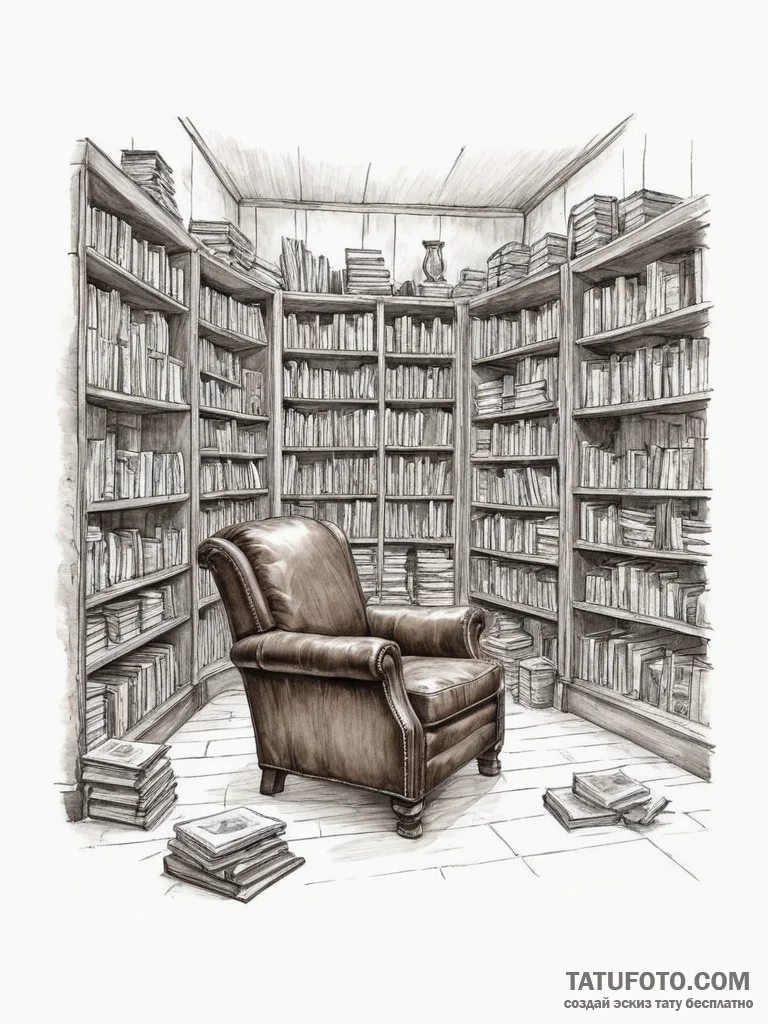 A quiet corner of a used bookstore, with over... - эскиз тату (№1755588811_0, 19.08.2025 07:33) — Tatufoto.com