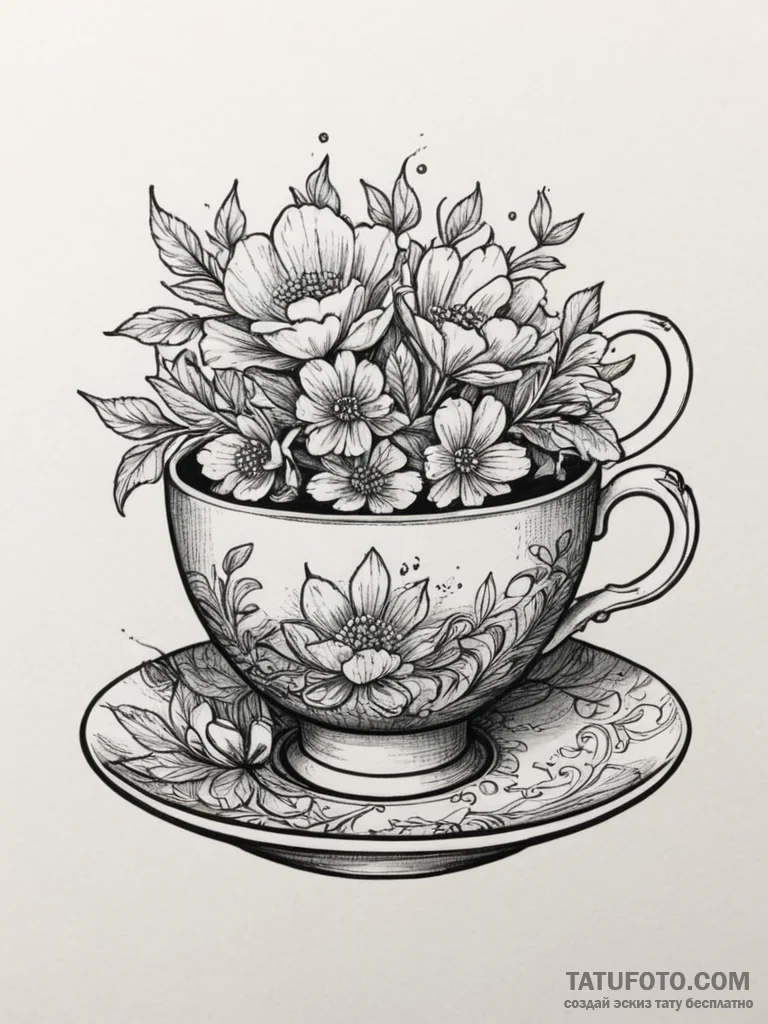 Tattoo sketch a detailed tiny teacup with a f... - эскиз тату (№1755589405_0, 19.08.2025 07:43) — Tatufoto.com