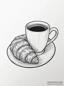 Tattoo sketch a coffee cup on one, a croissan... - эскиз тату (№1755590000_0, 19.08.2025 07:53) — Tatufoto.com